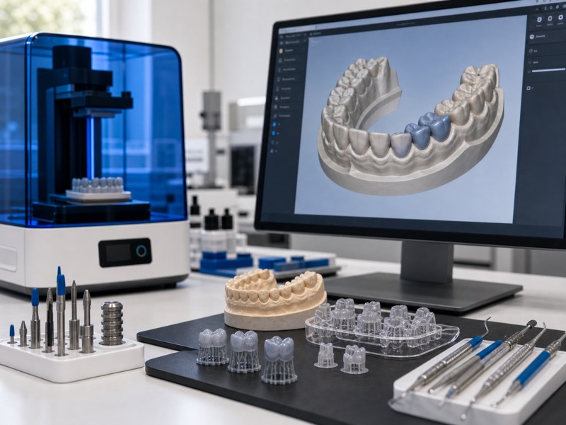 CAD/CAM dental design workstation with 3D printer and printed dental models