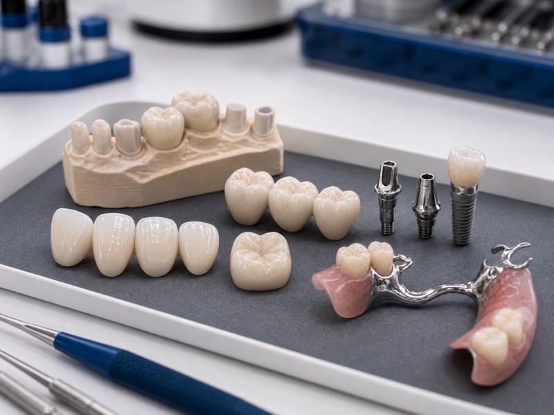 Ceramic crowns, veneers, implant abutments, and a partial denture on a dental lab tray