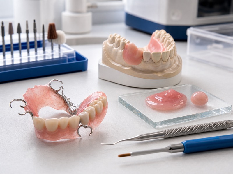 Denture repair and relining materials arranged with dental casts and lab tools